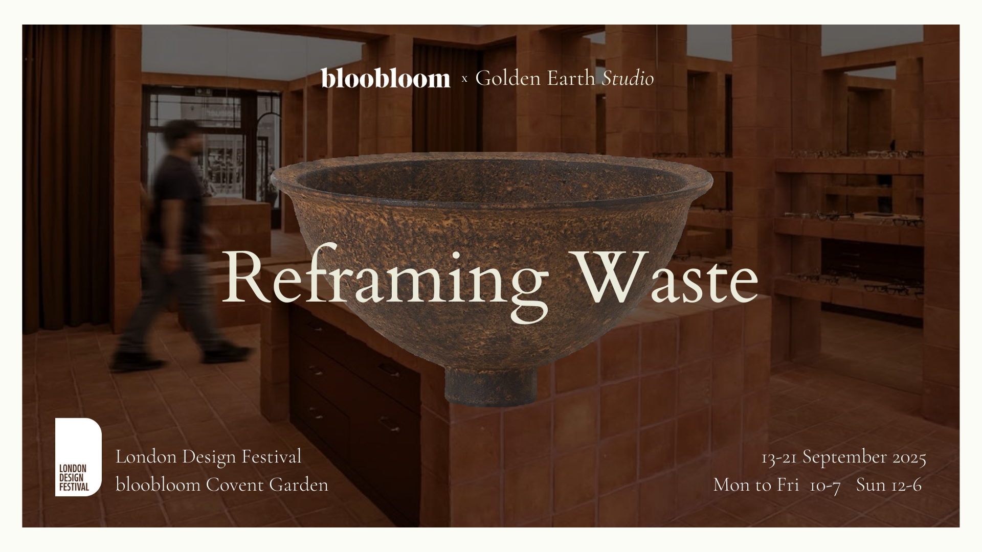 Wood turned bowl with clay surface treatment. Backgorund is a terracotta tiled eyewear store.