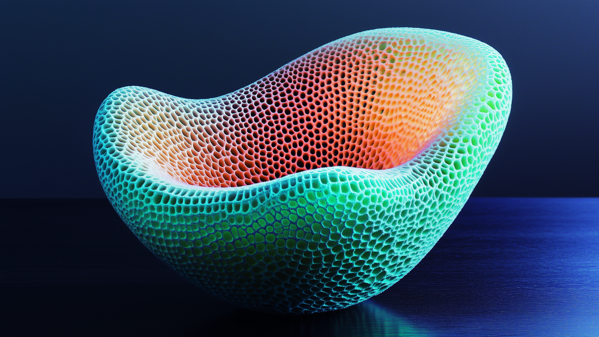 A biofabricated chair grown from a diatom-inspired lattice structure, blending zonal vivid blue, green, and orange coloration