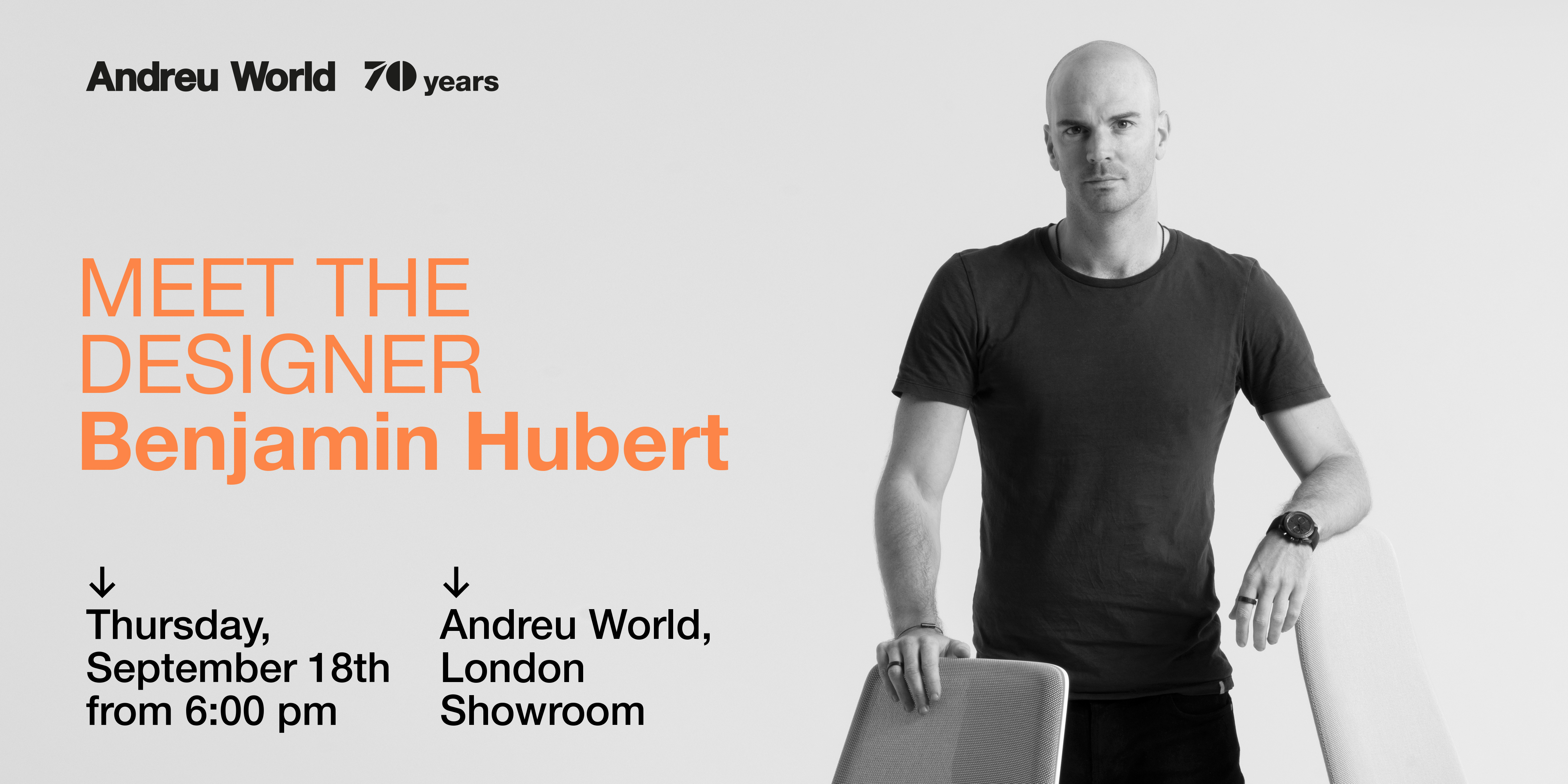 Benjamin Hubert presenting new Andreu World designs at the London Showroom, including Velo, Triada Lift, and Host bee shelter