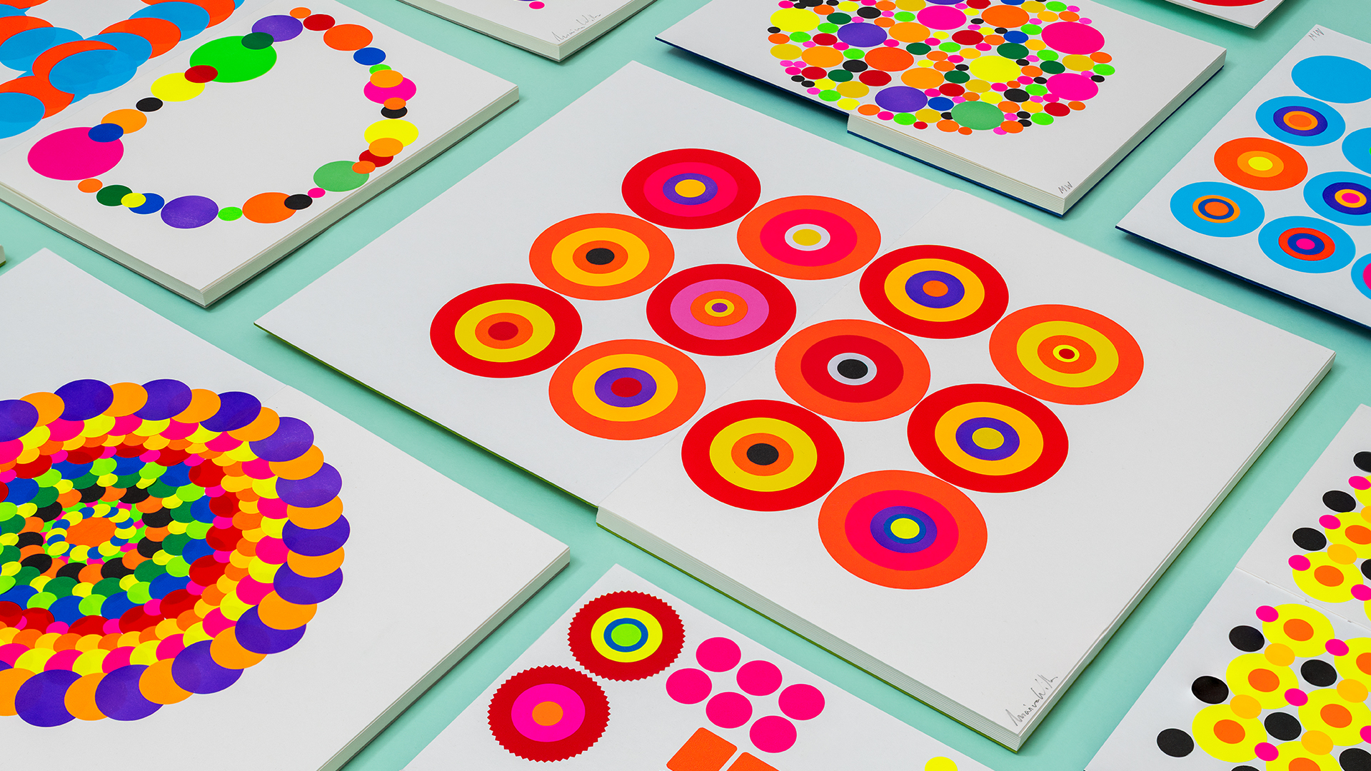 Colourful stickers compositions by designer Marina Willer.